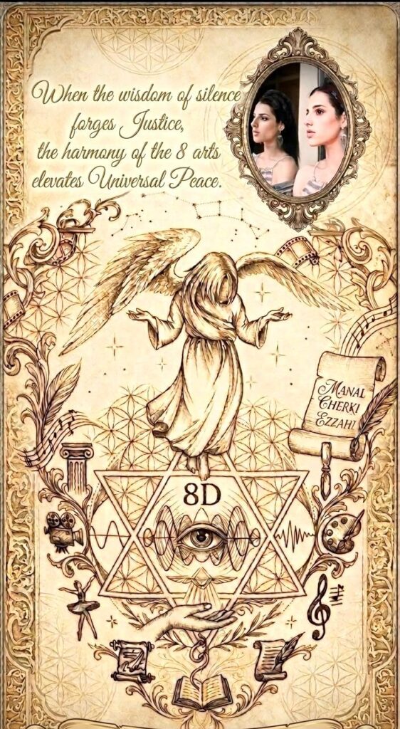 Accueil 6 An illustration in the style of ancient parchment depicting an allegory of peace. In the center, an ethereal figure overlooks a geometric star bearing the inscription 8D and the eye of conscience. Around it gravitate the symbols of the eight arts (music, painting, dance, cinema, literature...). In the upper right, the portrait of Manal Cherki Ezzahi accompanies the quote: "When the wisdom of silence forges Justice, the harmony of the 8 arts elevates Universal Peace."