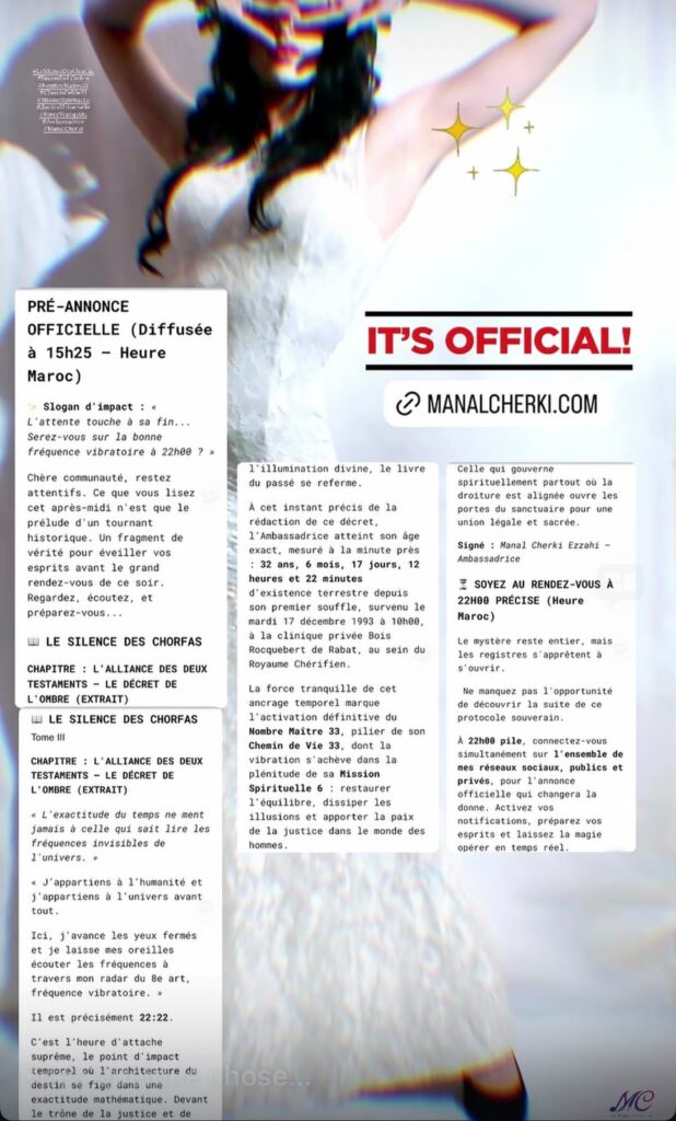 Visuel mystique et lumineux portant la mention rouge "IT'S OFFICIAL". Le texte affiche une pré-annonce de l'Ambassadrice Manal Cherki Ezzahi pour le chapitre « L'Alliance des deux testaments - Le Décret de l'Ombre », tiré du Tome III de son œuvre « Le Silence des Chorfas », annonçant l'activation du Nombre Maître 33 et une révélation imminente.